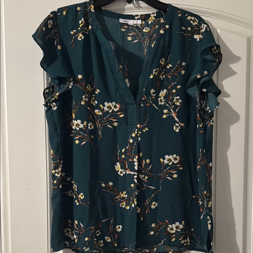 DR2 Blue Flutter Sleeve Blouse with Mandarin Collar